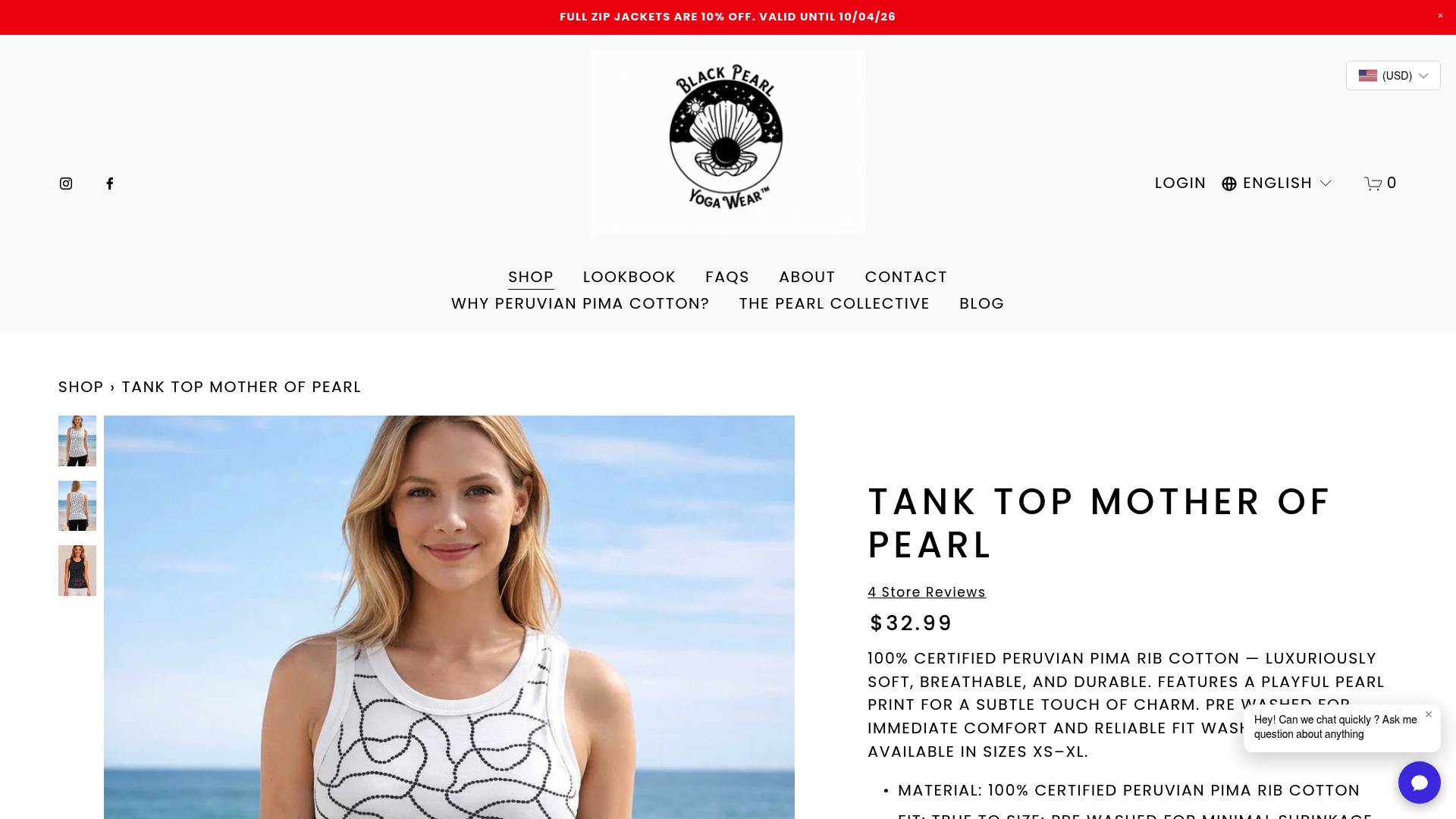 Screenshot: Product page for the Mother of Pearl tank showing material, price, and key features