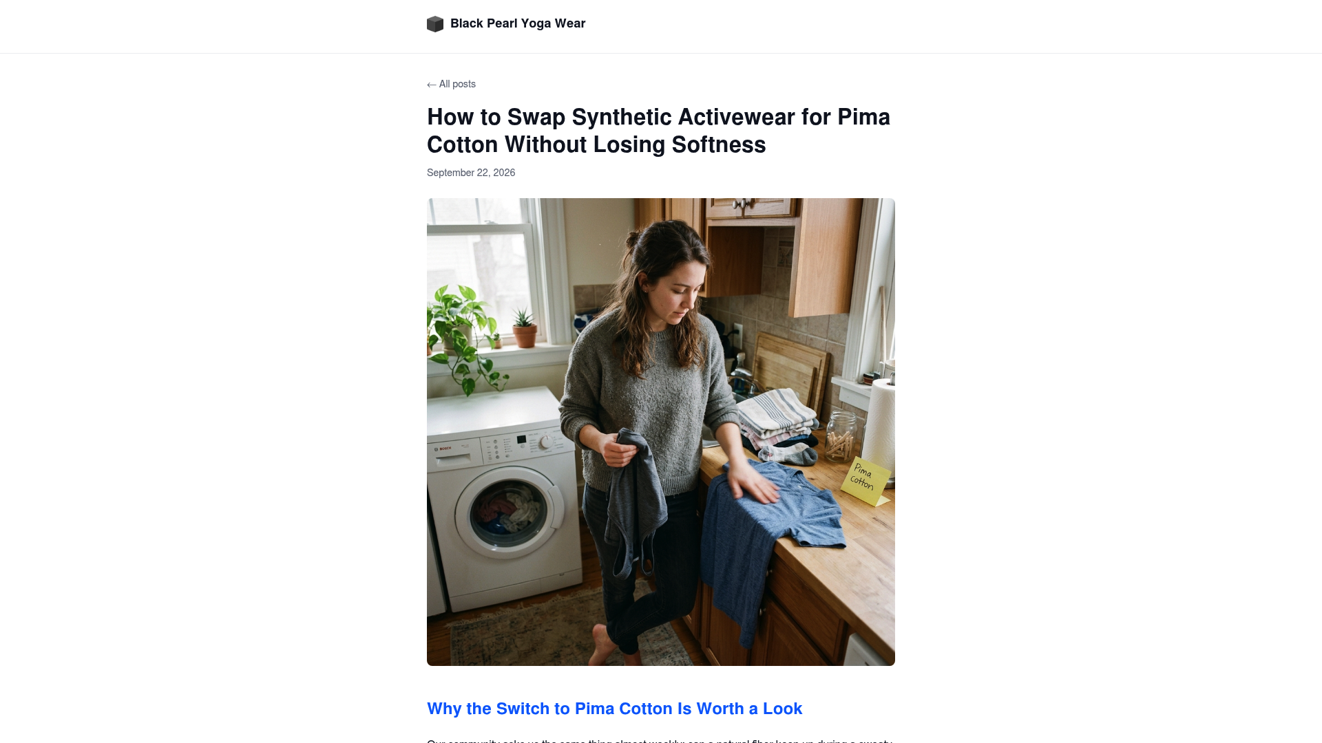 Screenshot: Excerpt from the blog post that explains Pima cotton performance (breathability, moisture management) with a comparison matrix