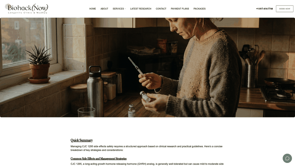 Screenshot: Bullet‑point view of the ‘Strategies for Managing CJC‑1295 Side Effects’ section (injection‑site care, dose titration, lifestyle tweaks).
