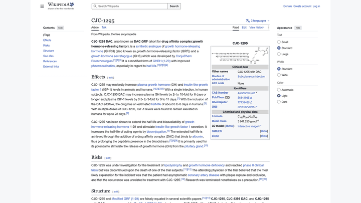 Screenshot: Infobox with chemical structure and key pharmacological data for CJC‑1295.