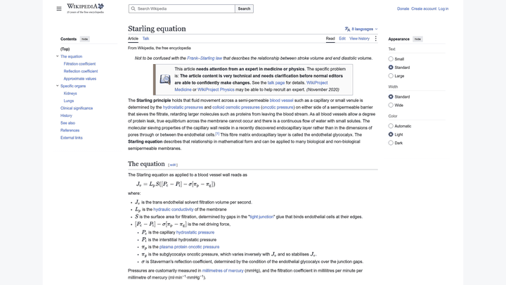Screenshot: Diagram and formula of the Starling equation describing fluid exchange across capillaries.