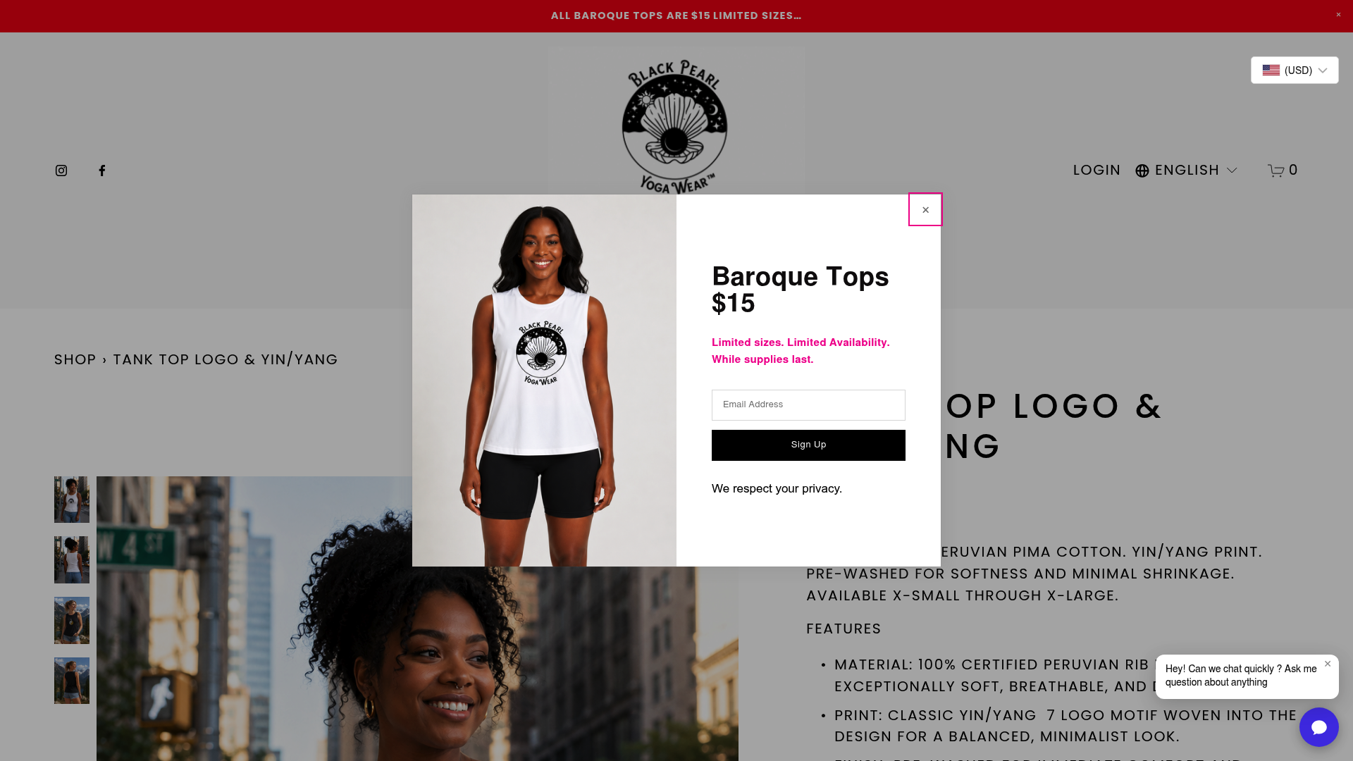 Screenshot: Tank top product page displaying the certified cotton claim and material details