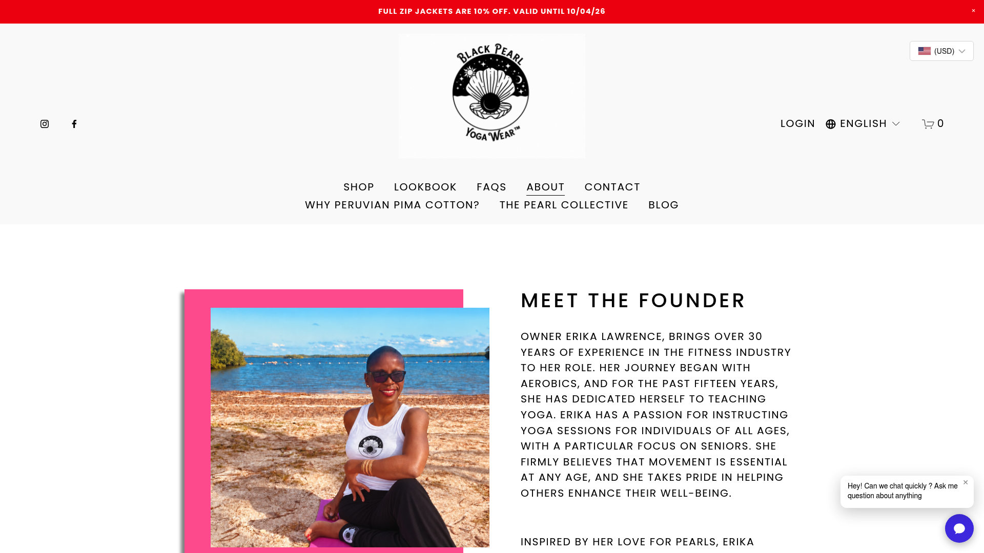 Screenshot: About page snippet highlighting sustainable sourcing and community focus
