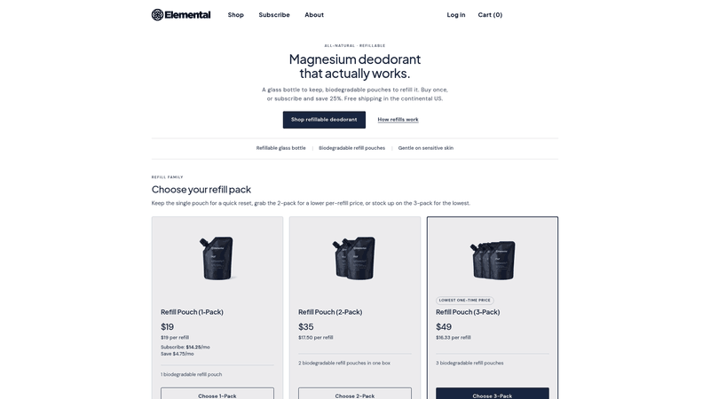 Screenshot: Shows product options (NUR & Air), subscription vs one‑time pricing, and refill availability.