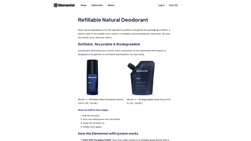 Screenshot: Four‑step refill process and sustainability benefits of the glass bottle & biodegradable pouches.