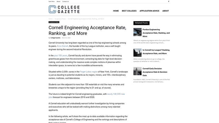 Screenshot: College Gazette article displaying Cornell Engineering’s acceptance rate and related statistics.