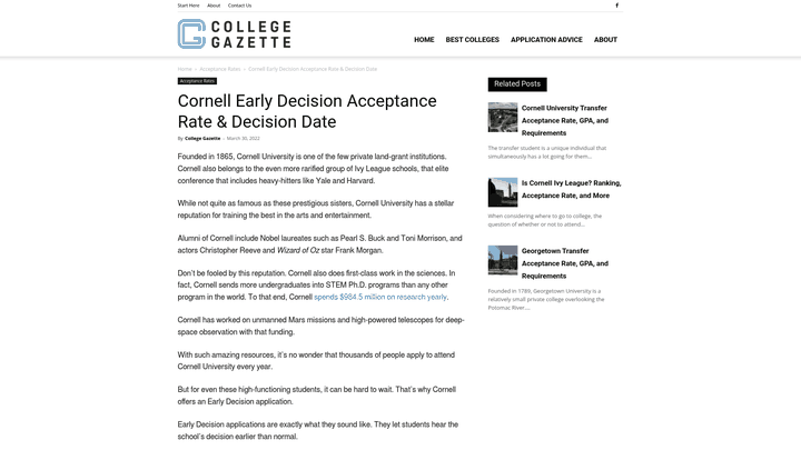 Screenshot: College Gazette page highlighting Cornell’s overall Early Decision acceptance rate and decision timeline.