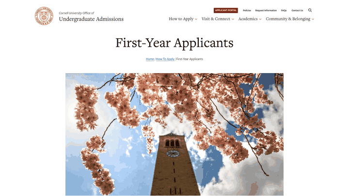 Screenshot: List of Cornell's undergraduate colleges/schools with links.