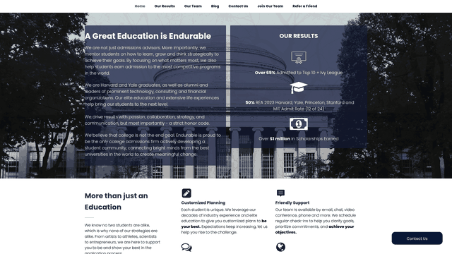 Screenshot: Homepage snapshot highlighting the “Customized Planning” and “Teamwork & Collaboration” blocks that explain Endurable’s tailored, cohort‑specific support model.