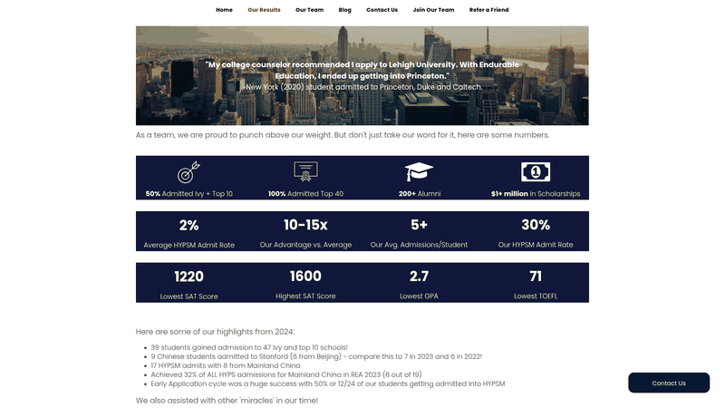 Screenshot: Results page displaying scholarship totals, international student admissions, and $1 + million in scholarships earned.