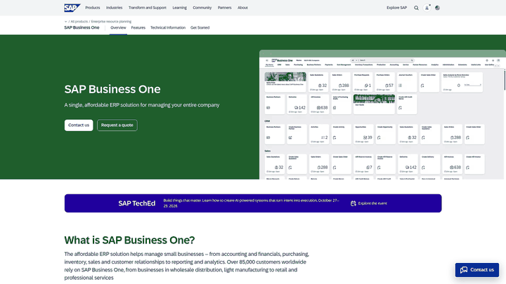 Screenshot: SAP Business One product page highlighting ERP‑centric features
