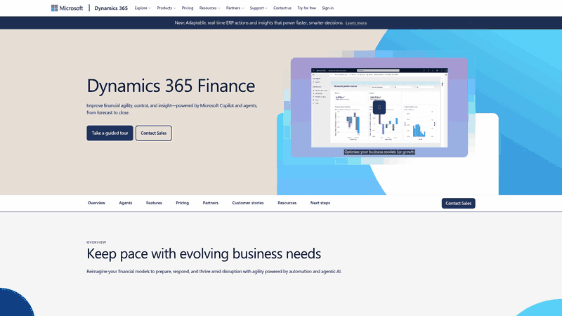Screenshot: Microsoft Dynamics 365 Finance landing page with finance‑focused UI