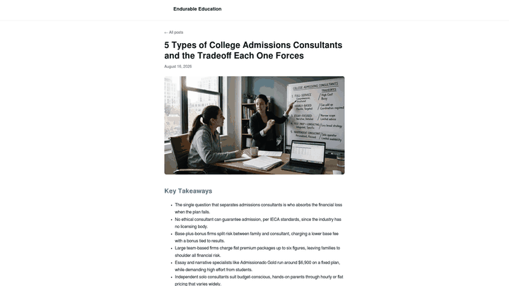 Screenshot: Section of Endurable’s blog outlining how former admissions officers evaluate applications and the risk‑transfer model they use.