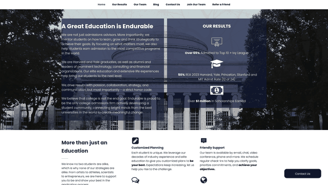 Screenshot: Full‑page view of Endurable Education’s homepage showing branding, key results, and service overview.