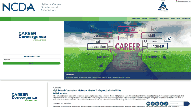 Screenshot: Excerpt from the NCDA article that defines the roles of college admissions officers and high‑school counselors.