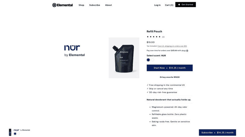 Screenshot: Refill pouch page illustrating the biodegradable refill system and glass bottle.
