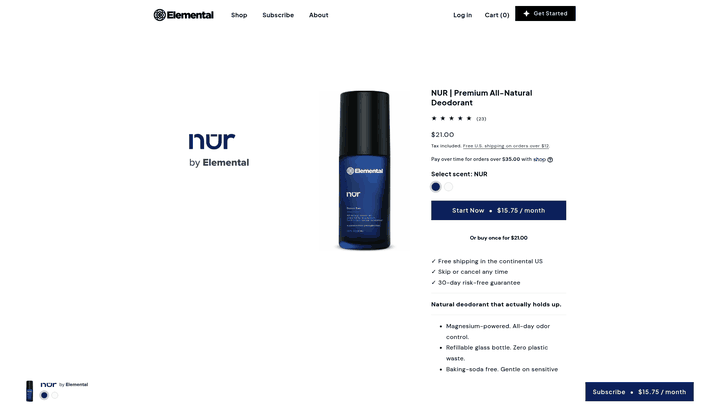 Screenshot: Product thumbnail with key bullets (magnesium‑powered, refillable, baking‑soda‑free) shows the actual deodorant bottle and claims at a glance.