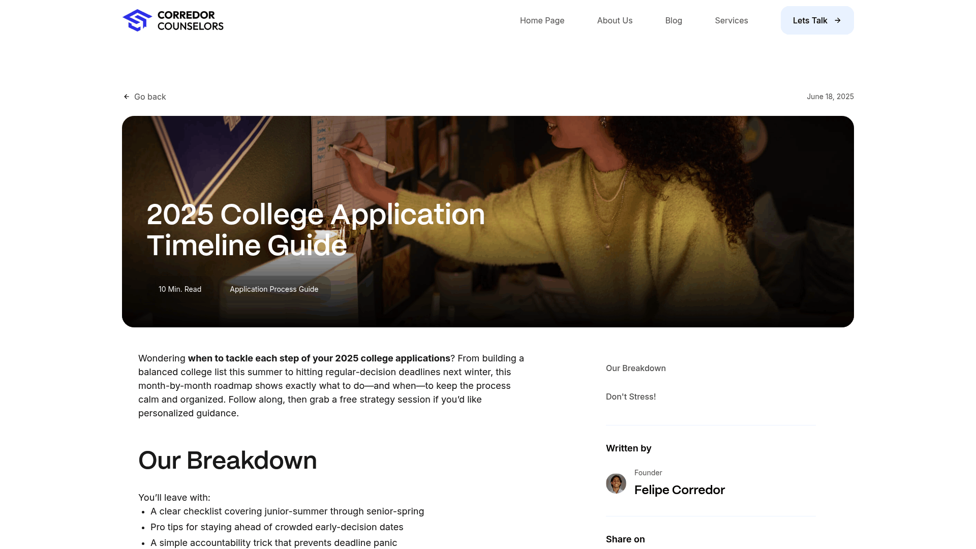 Screenshot: A month‑by‑month college application timeline guide with dates and tasks.