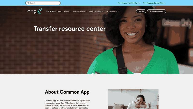 Screenshot: Common App Transfer Resource Center page outlining supplemental materials, credit evaluation, and transfer pathways.