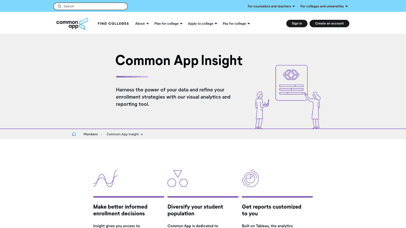 Screenshot: Common App Insight page describing visual analytics and reporting tools for enrollment data.