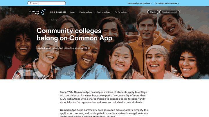 Screenshot: Shows the official Common App community college page highlighting inclusion and benefits for institutions.