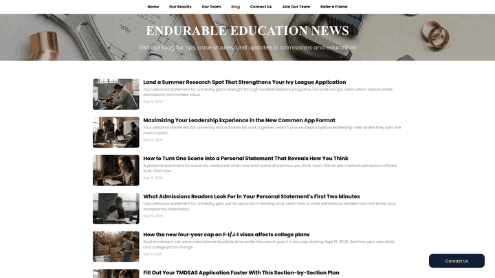 Screenshot: Blog landing page with articles on the importance of holistic application strategies.