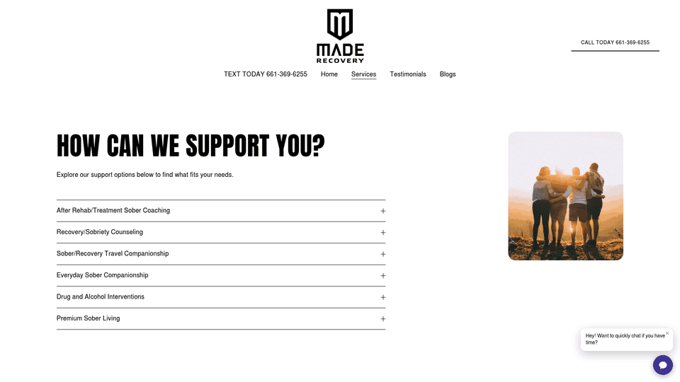 Screenshot: Services overview showing Premium Sober Living and Everyday Sober Companionship options.
