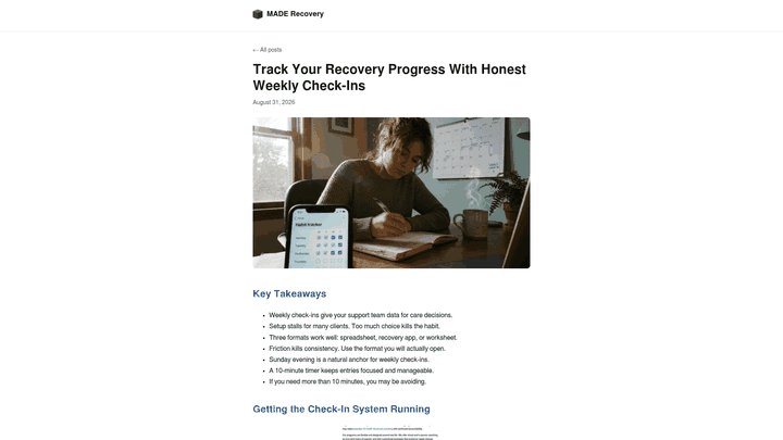Screenshot: Sample weekly check‑in template showing the six metrics to track (mood, cravings, sobriety, nutrition, routine, support interactions)