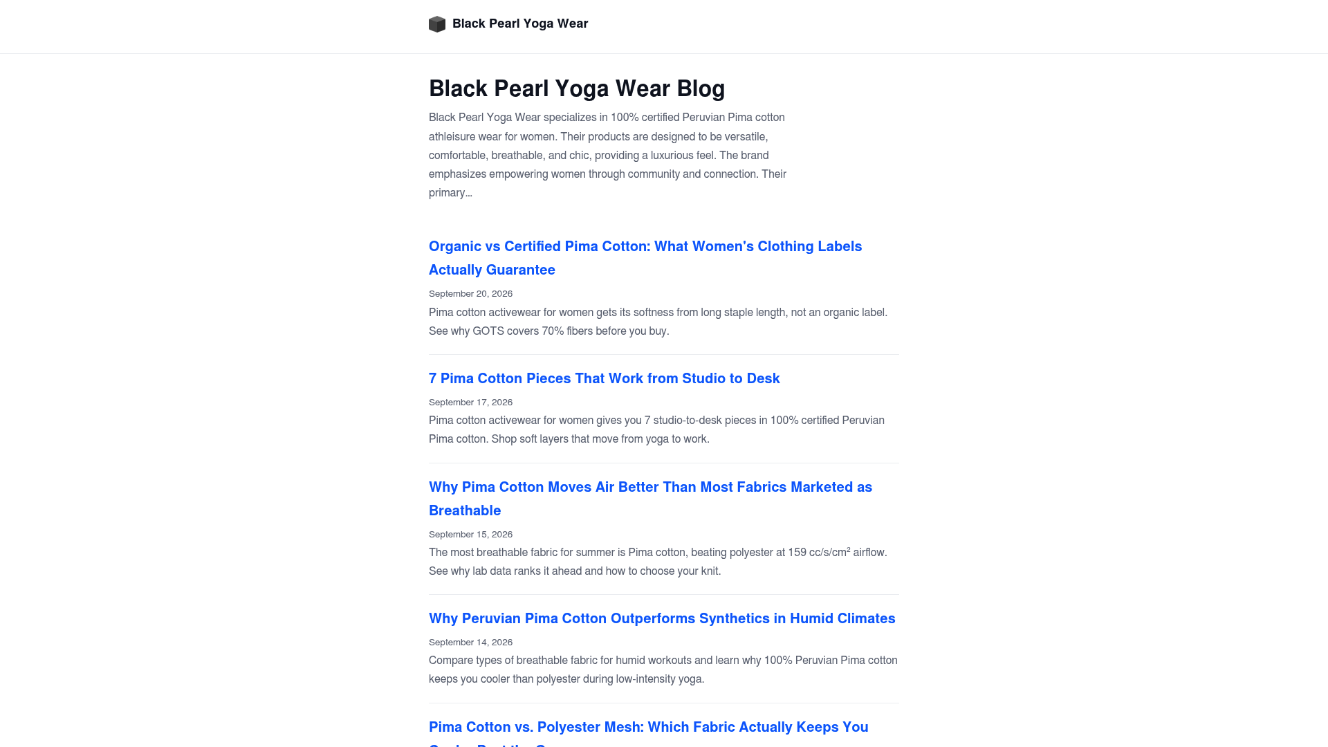 Screenshot: Blog overview displaying articles such as “7 Pima Pieces That Pull Double Duty From Brunch to Pilates,” illustrating styling ideas.