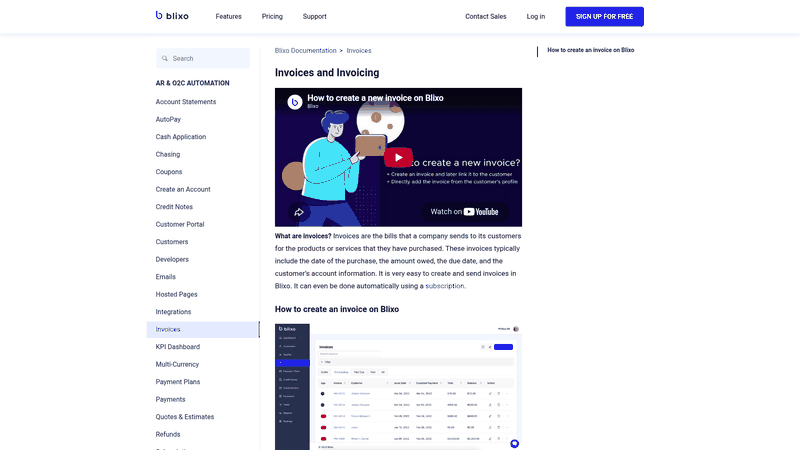 Screenshot: Invoice creation screen with fields for customer, line items, and automation options