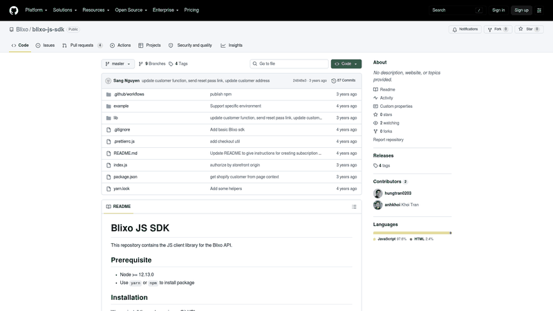 Screenshot: Code snippet for initializing the Blixo JS SDK and API key generation