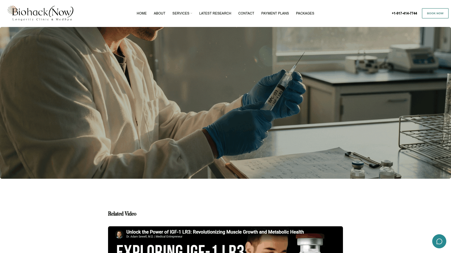 Screenshot: Blog post highlighting IGF‑1 LR3’s role in performance and longevity protocols, including stacking with CJC‑1295/Ipamorelin.