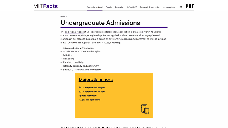 Screenshot: MIT Facts page outlining the selection process and holistic criteria (mission fit, initiative, creativity, etc.).