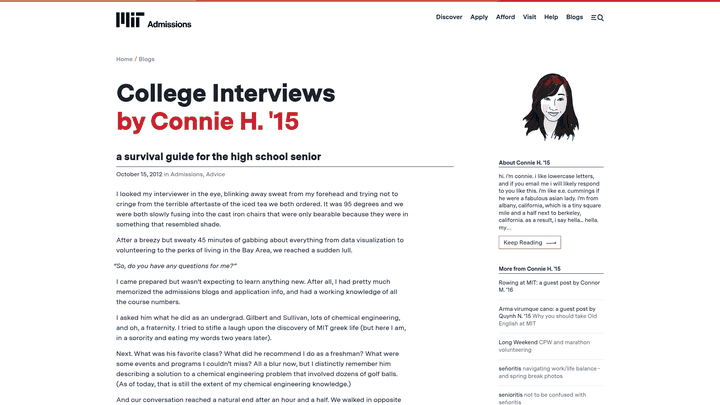Screenshot: Excerpt from MIT’s interview guide blog with key preparation tips and counselor advice.