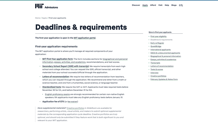 Screenshot: MIT deadlines table showing Early Action (Nov 1) vs Regular Action (Jan 4) and decision release dates.