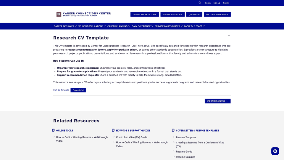 Screenshot: University of Florida's Research CV template page, offering a ready‑to‑use format for showcasing research experience.