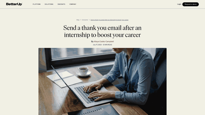 Screenshot: BetterUp article with thank‑you email templates and best practices for post‑internship‑follow‑up.