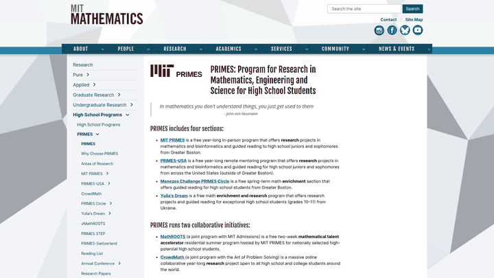 Screenshot: MIT PRIMES program overview for high‑school students, another elite research option.