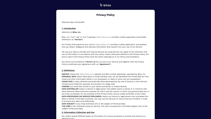 Screenshot: Privacy policy page confirming Blixo’s compliance, data‑security and privacy commitments.