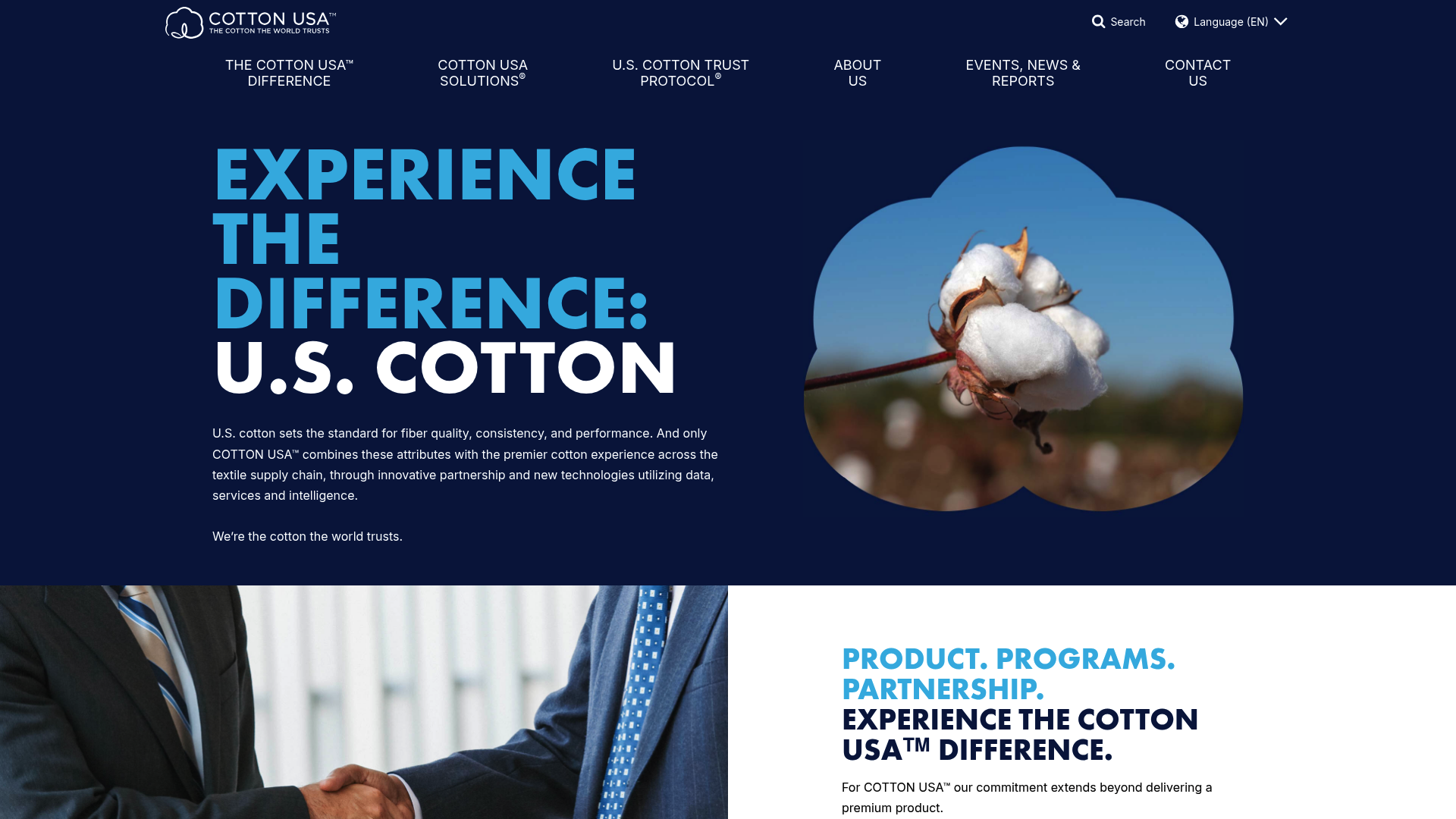 Screenshot: Home page of Cotton USA showing the U.S. Cotton Trust Protocol and COTTON USA™ branding, illustrating U.S. Cotton certification and traceability standards.