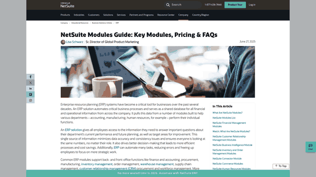 Screenshot: NetSuite modules guide page that includes pricing FAQs and module‑based cost details