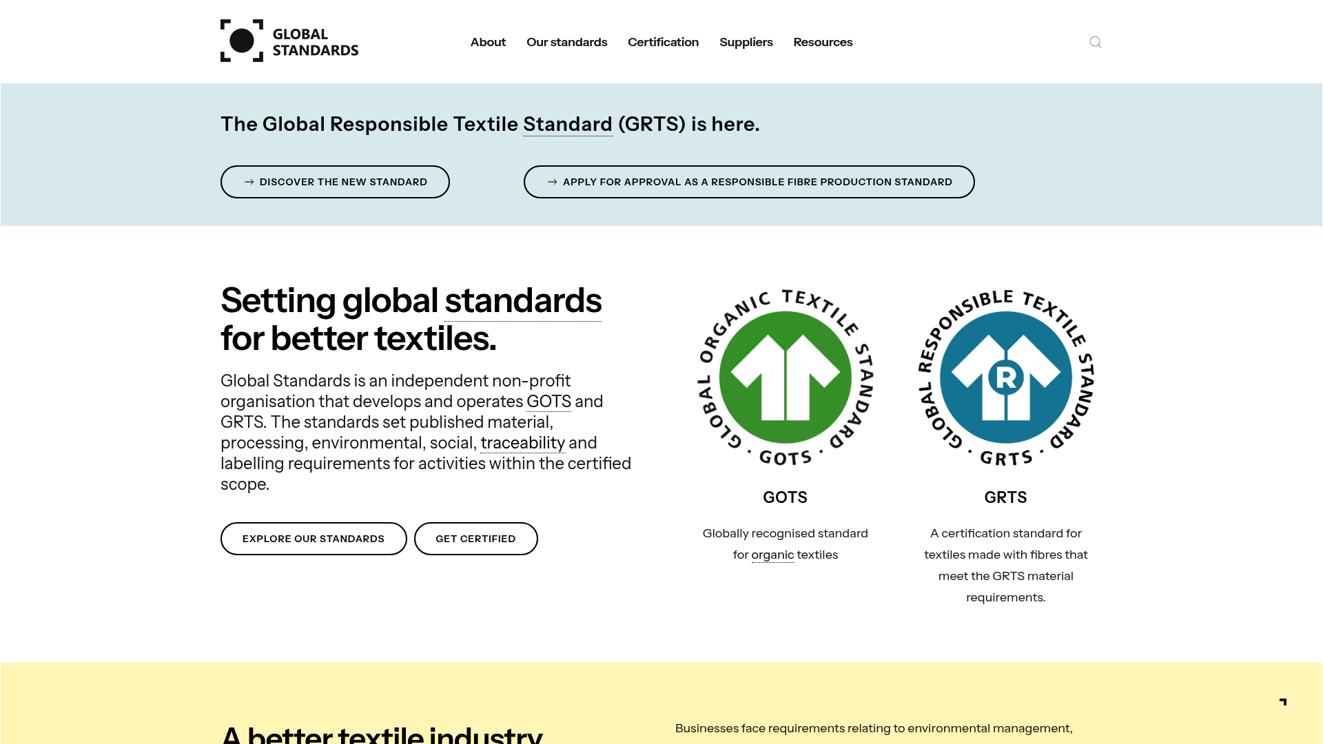 Screenshot: Homepage of the Global Organic Textile Standard (GOTS) showing its logo and certification badge, illustrating the trusted label for organic cotton.