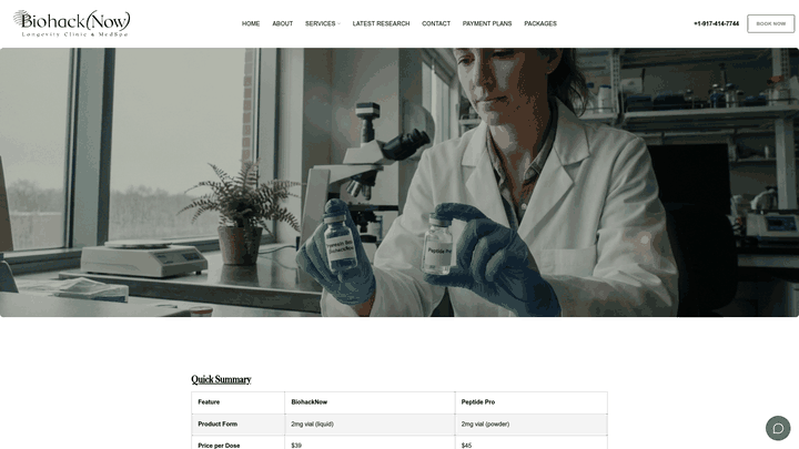 Screenshot: Shows the pricing and performance table comparing BiohackNow to a competitor (Peptide Pro).