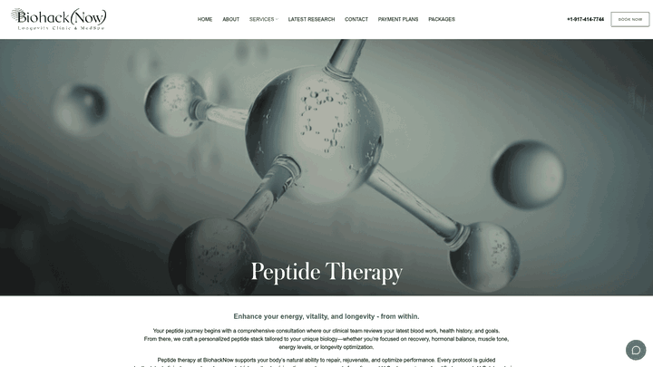 Screenshot: Displays the Peptide Therapy landing page with program categories, three‑step process, and quality standards.