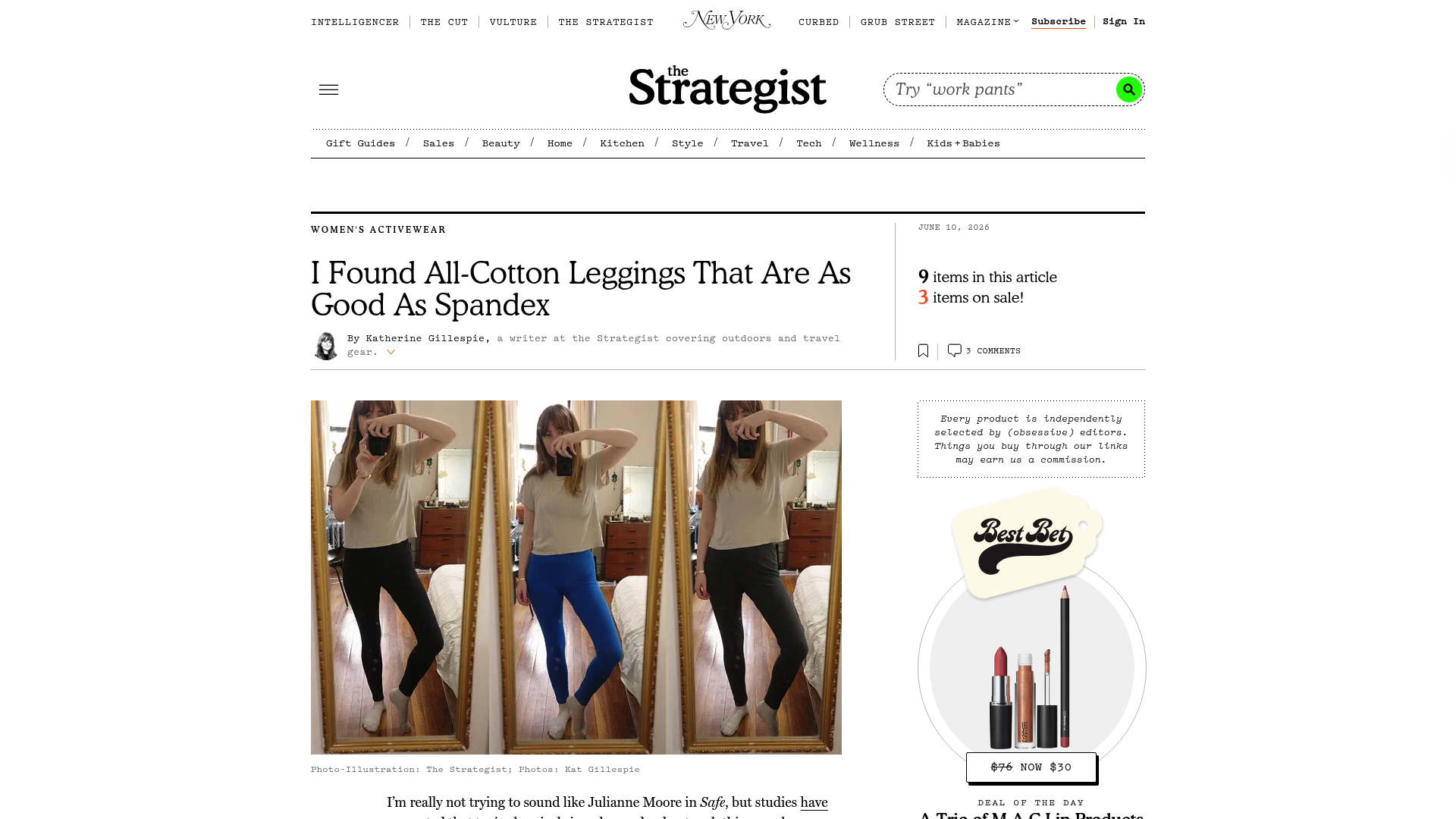 Screenshot: Shows the article's list of fabric compositions (e.g., 100 % Pima cotton, GOTS‑certified dyes) for cotton‑based leggings.