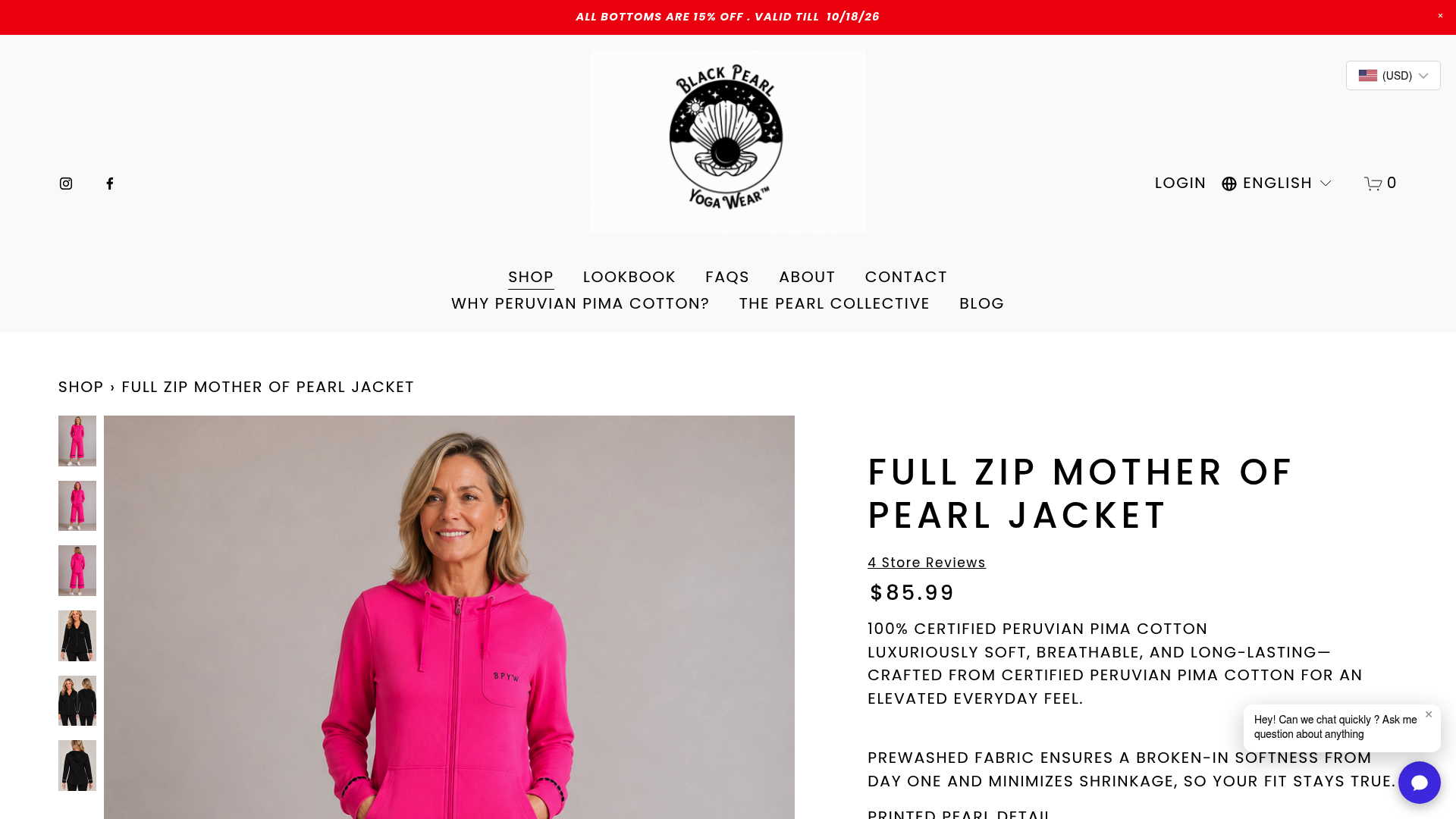 Screenshot: Product page showing the Full Zip Mother of Pearl Jacket with size range (X‑Small to X‑Large) and Pima‑cotton details.