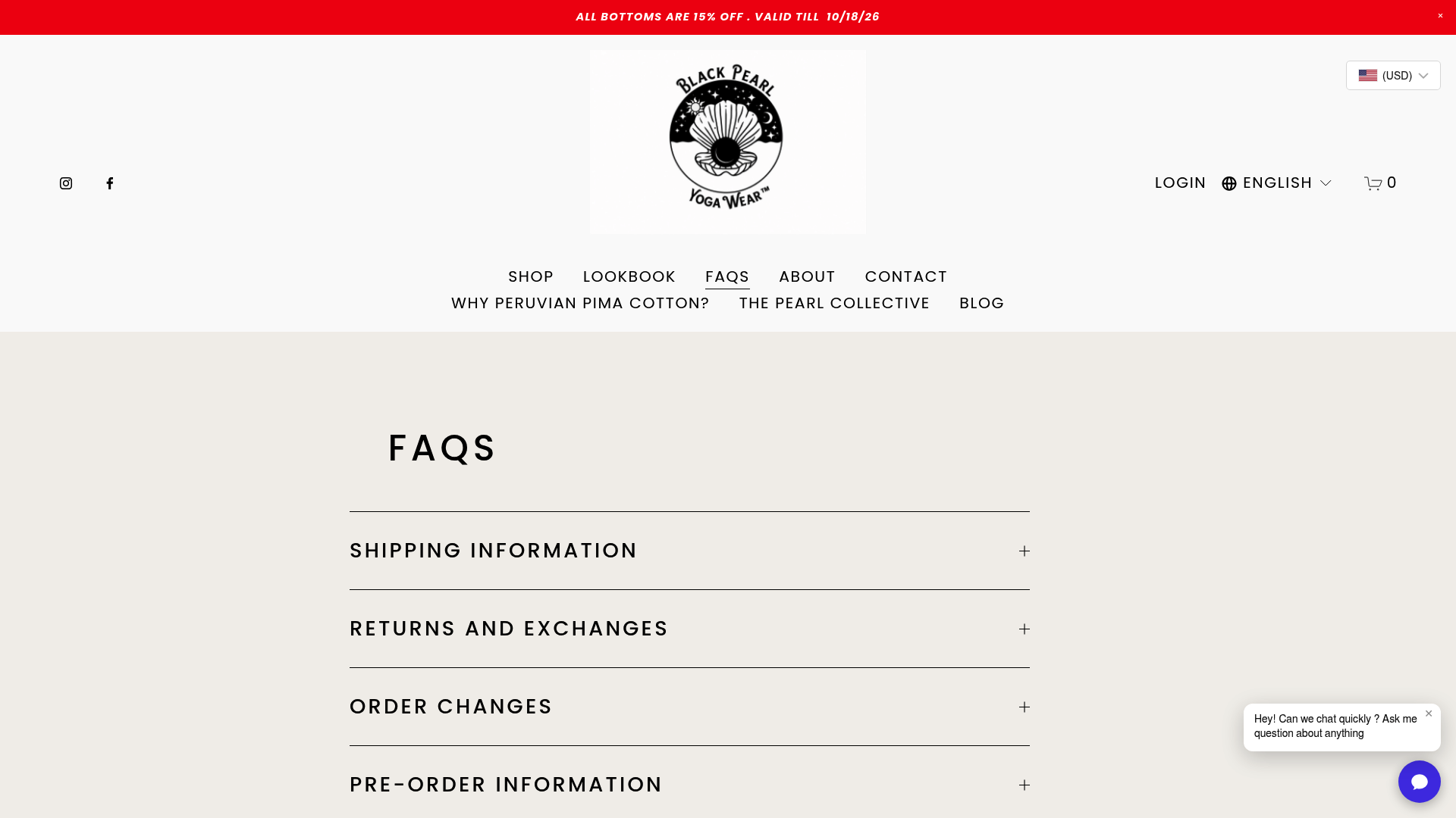Screenshot: FAQ section highlighting the sizing note that Black Pearl’s sizes run slightly larger, encouraging customers to size down.