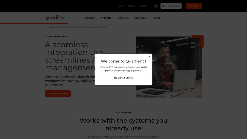 Screenshot: Quadient AR integrations page listing supported ERP/CRM systems and implementation details