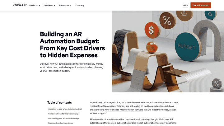 Screenshot: Versapay resource page that explains pricing drivers, invoice‑volume tiers and cost factors