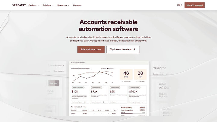 Screenshot: Versapay homepage illustrating its UI, headline and value proposition